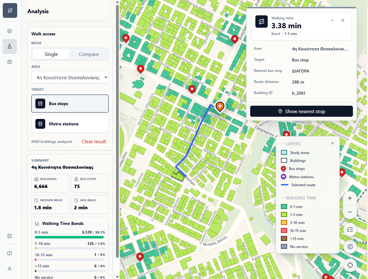Screenshot of the Thessaloniki Transport Accessibility WebGIS app