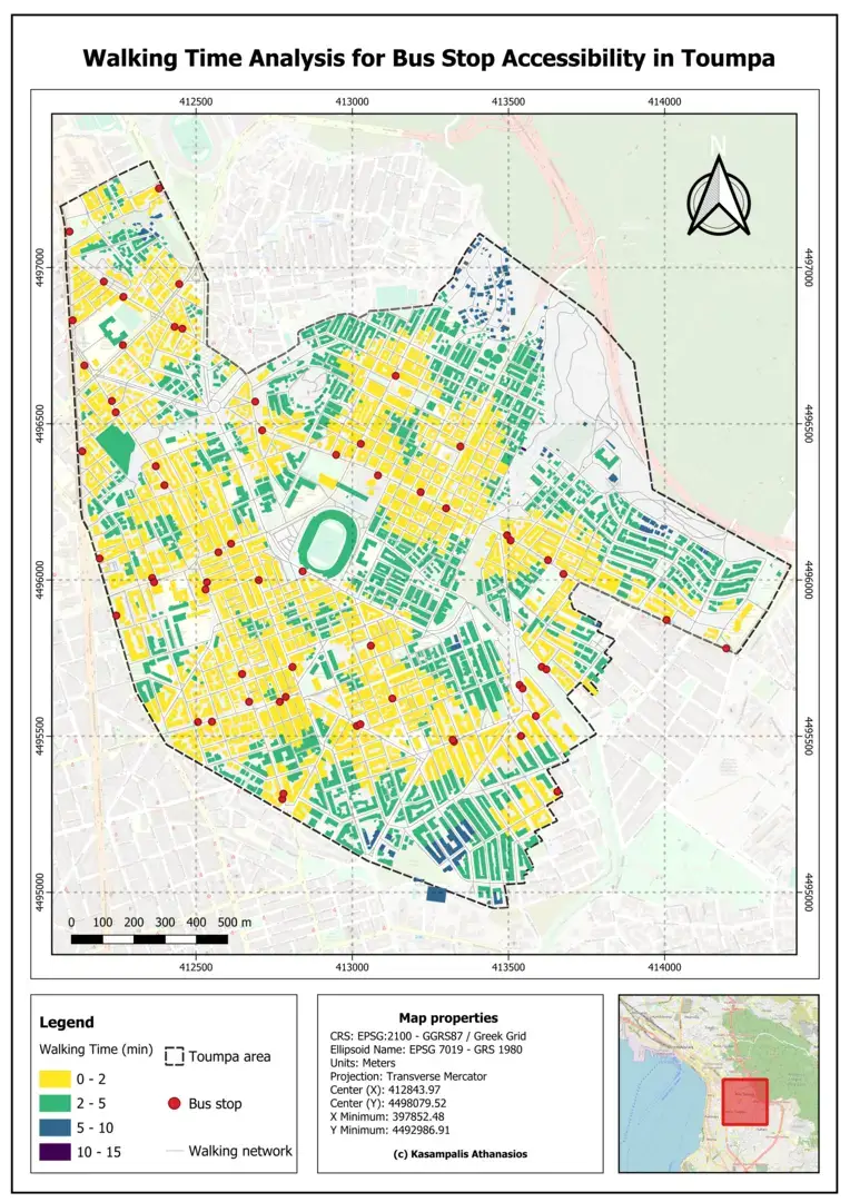 Public transport accessibility map for Toumpa